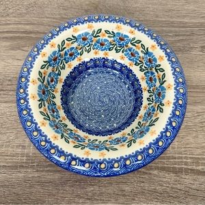 Hand Made Unikat Polish Pottery Serving Bowl Blue Floral 8” x 3”